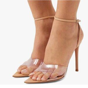 FSJ Nude Clear Peep Toe Cross PVC Band High Heel Ankle Strap Slingback Sandal